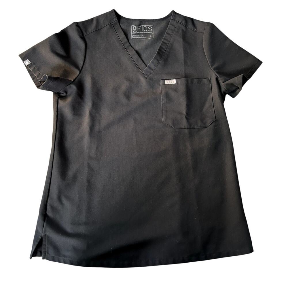 EUC FIGS Catarina One-Pocket V-Neck Short Sleeve Black Size Small